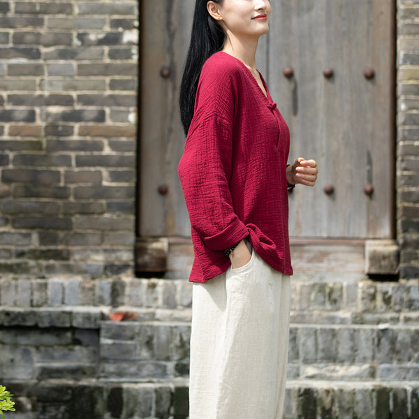 2021 Autumn NEW! Women Asian Style Linen and Cotton Long Sleeves V-necked Chinese Blouse