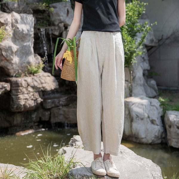 2022 Summer NEW! Women Simple Causal Lantern Style Sand Washed Linen and Cotton Cropped Pants