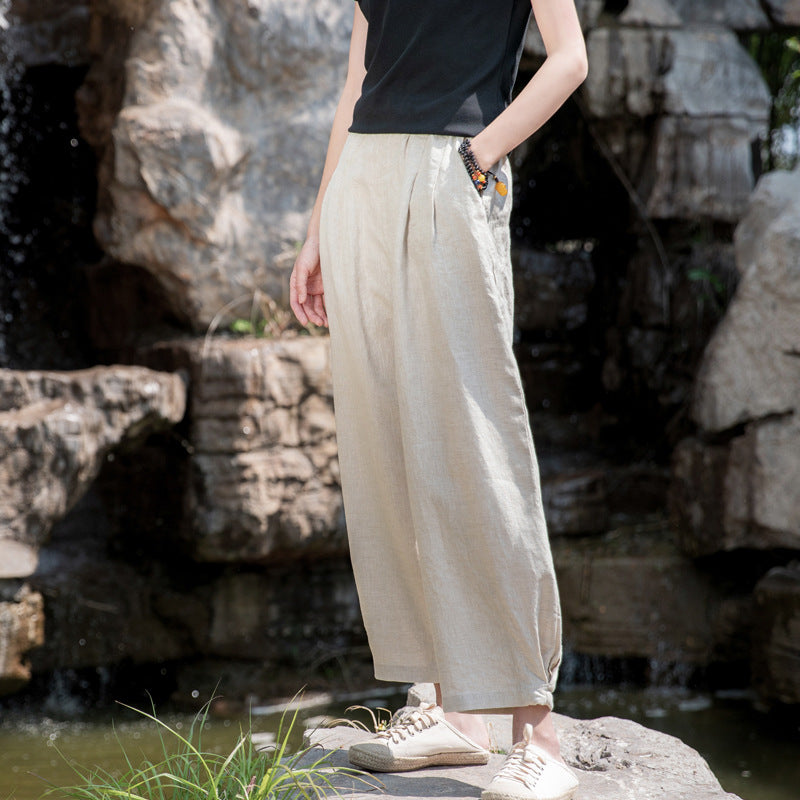 Summer NEW! Women Simple Causal Lantern Style Sand Washed Linen and Cotton Cropped Pants