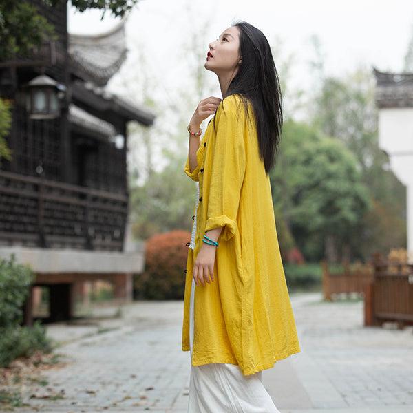 Women Round Collar Asian Style Linen and Cotton Long-sleeved Coat