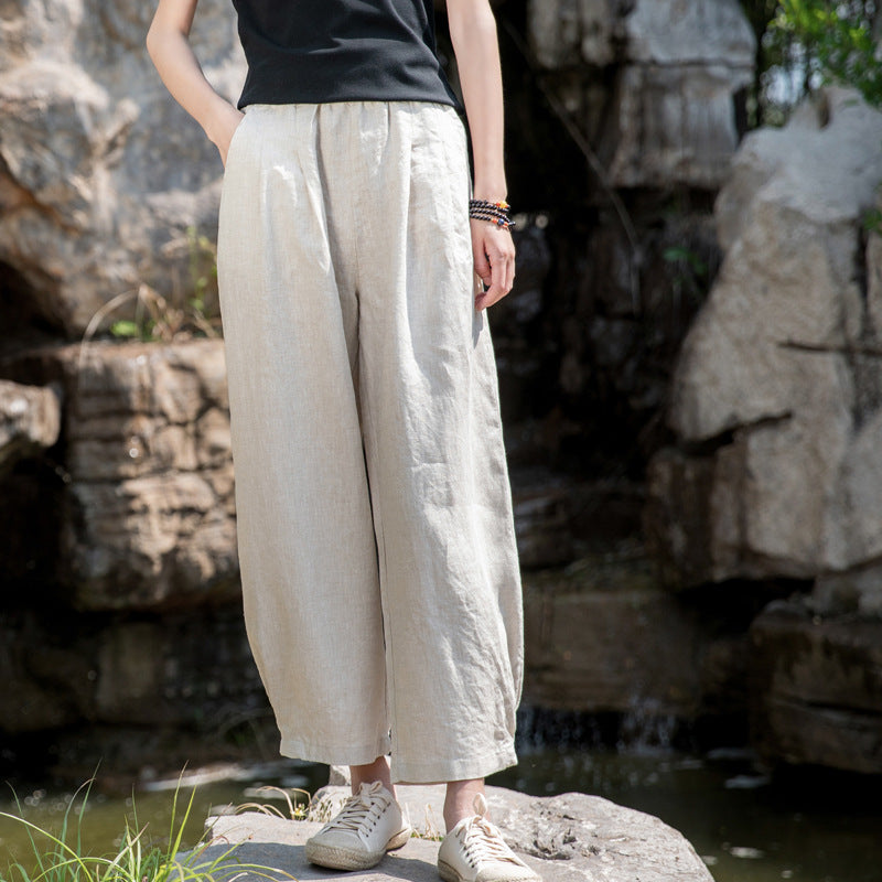 Summer NEW! Women Simple Causal Lantern Style Sand Washed Linen and Cotton Cropped Pants