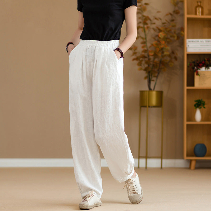 Summer NEW! Women Simple Causal Lantern Style Sand Washed Linen and Cotton Pants