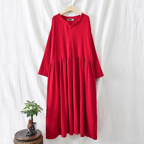 Women Loose Style Wrinkled Linen and Cotton Long Sleeve Dress