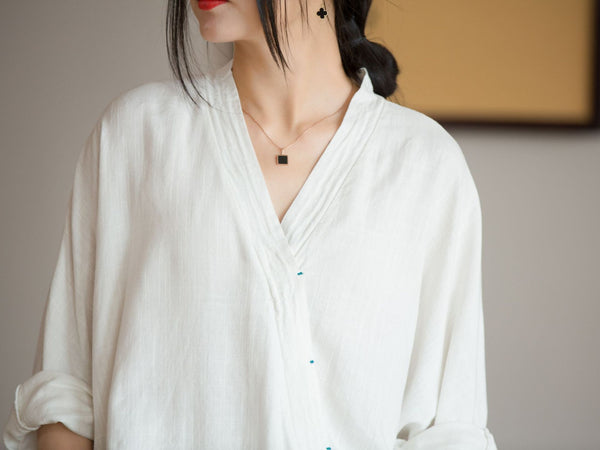 2022 Summer NEW! Women Chinese Style Linen and Cotton V-necked Loose Mid Sleeve T-Shirt