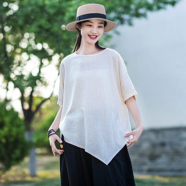 2022 Summer NEW! Women Modern Style Linen and Cotton Round Necked Mid-length Sleeves Shirt