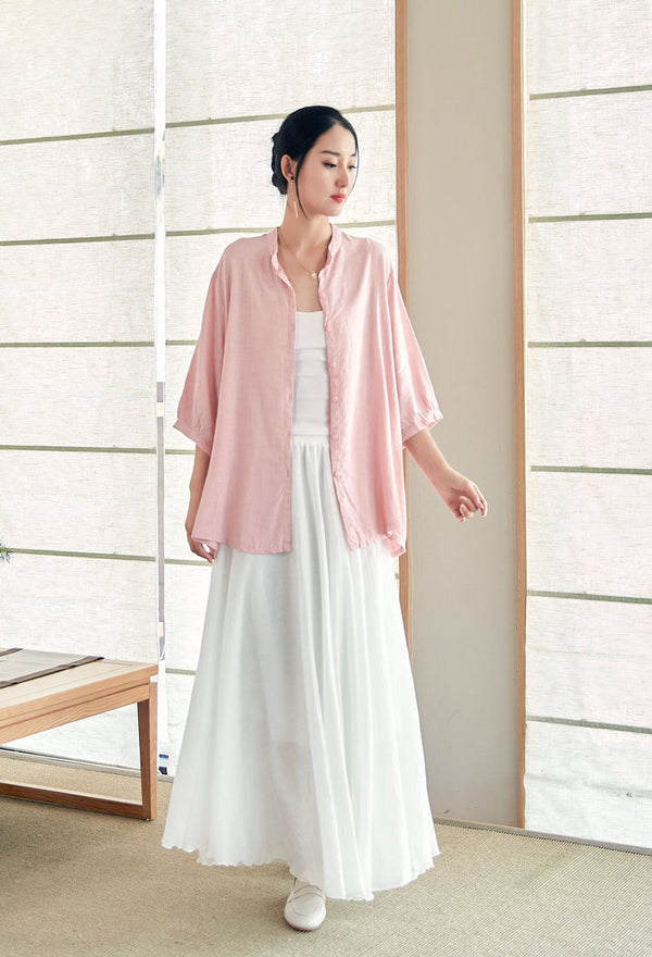 2022 Summer NEW! Women Modern Style Linen and Cotton Round Collar Mid Sleeve Shirt