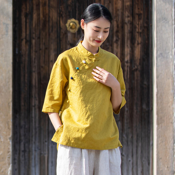 2022 Summer NEW! Women Chinese Ethnic Style Linen and Cotton Mid-length Sleeves Shirt