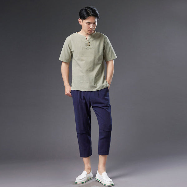 Men Causal Round Neck Style Linen and Cotton Short Sleeve Tops