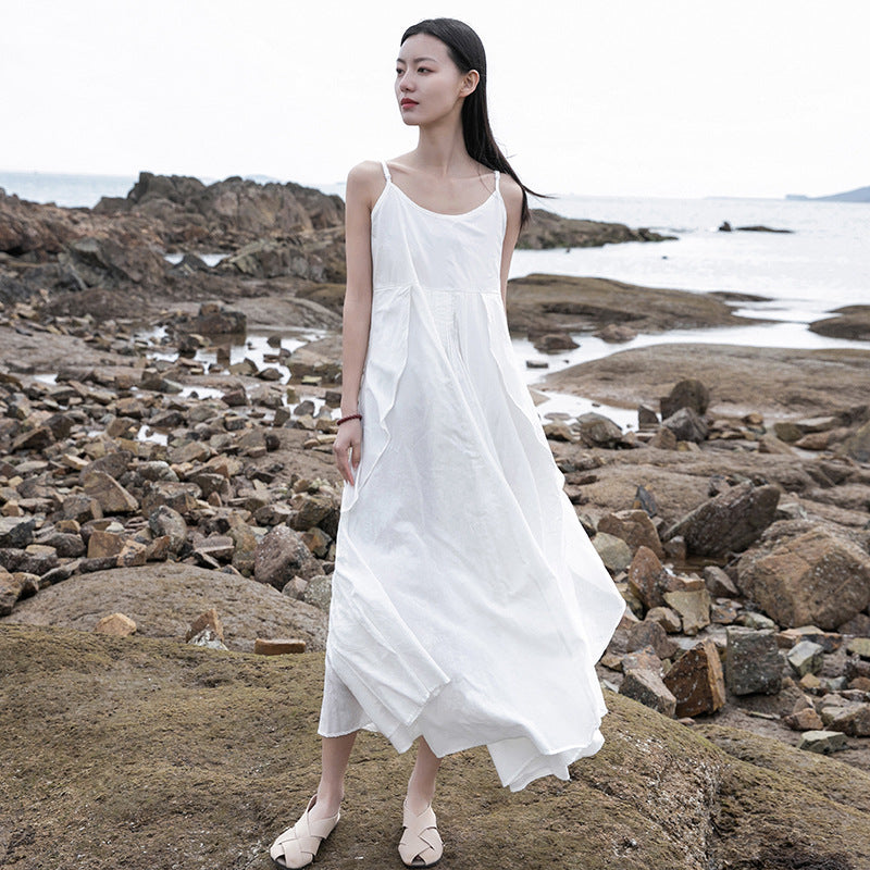 Women Extra Loose Comfortable Linen and Cotton Pure Color Slip Dress White Women Extra Loose Comfortable Linen and Cotton Pure Color Slip Dress White