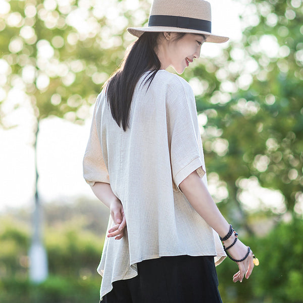 2022 Summer NEW! Women Modern Style Linen and Cotton Round Necked Mid-length Sleeves Shirt