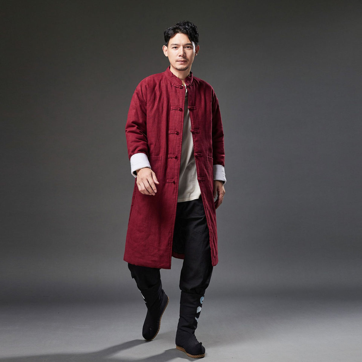 Winter NEW! Men Retro Chinese Style Linen and Cotton Quilted Long Tunic Coat