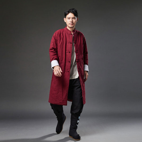 2021 Winter NEW! Men Retro Chinese Style Linen and Cotton Quilted Long Tunic Coat