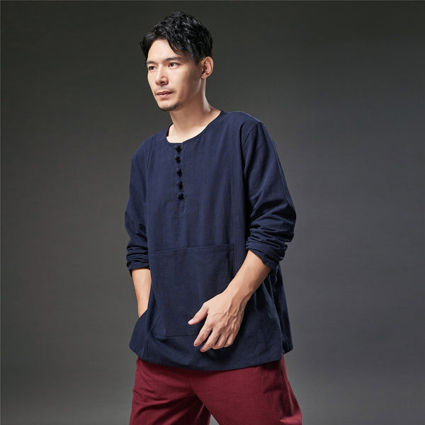 2021 Autumn NEW! Men Retro Style Linen and Cotton Pullover Long Sleeve T-shirt
