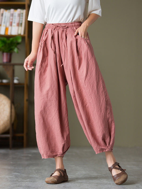 2021 Autumn NEW! Women Lantern Style Linen and Cotton Causal with Waist Belt Loose Cropped Pants