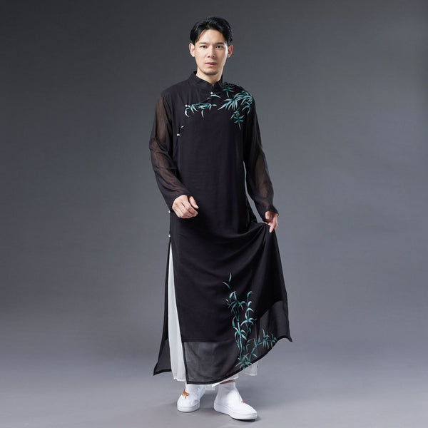 Men Classic Asian Style Linen Long Sleeve Round Collar Bamboo Printed Cheongsam
