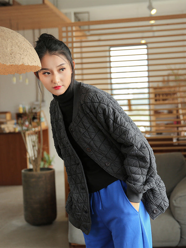 2021 Winter NEW! Women Round Collar Modern Grid Quilted Long-sleeved Thin Jacket