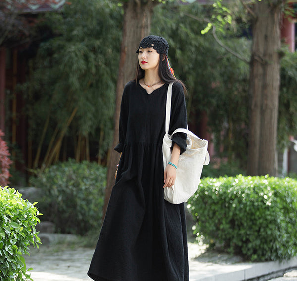 Women Loose Style Wrinkled Linen and Cotton Long Sleeve Dress