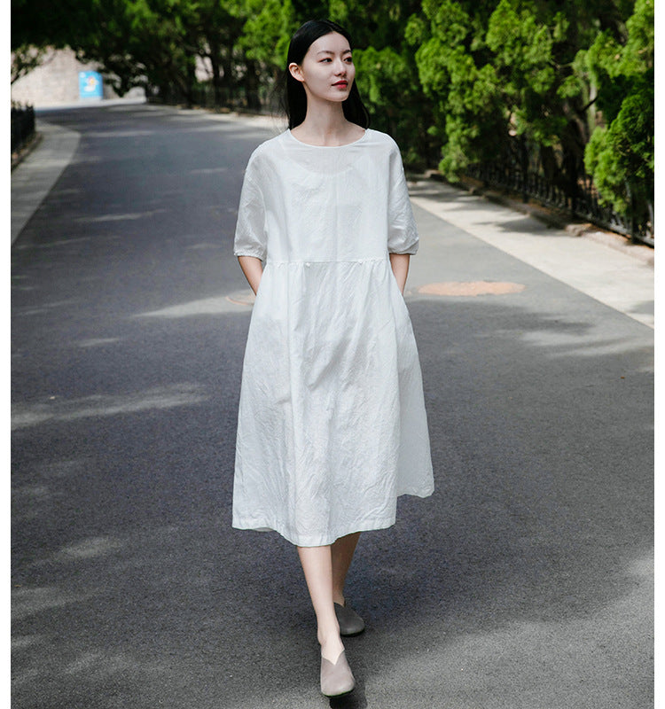 cotton round dress Emmeline Round Neck 100%Cotton Dress, Apricot / XL