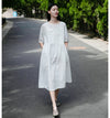 Women Loose Linen and Cotton Round Neck Middle Sleeve Dress