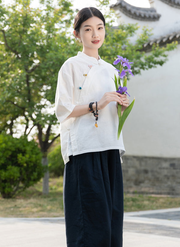 2022 Summer NEW! Women Chinese Ethnic Style Linen and Cotton Mid-length Sleeves Shirt