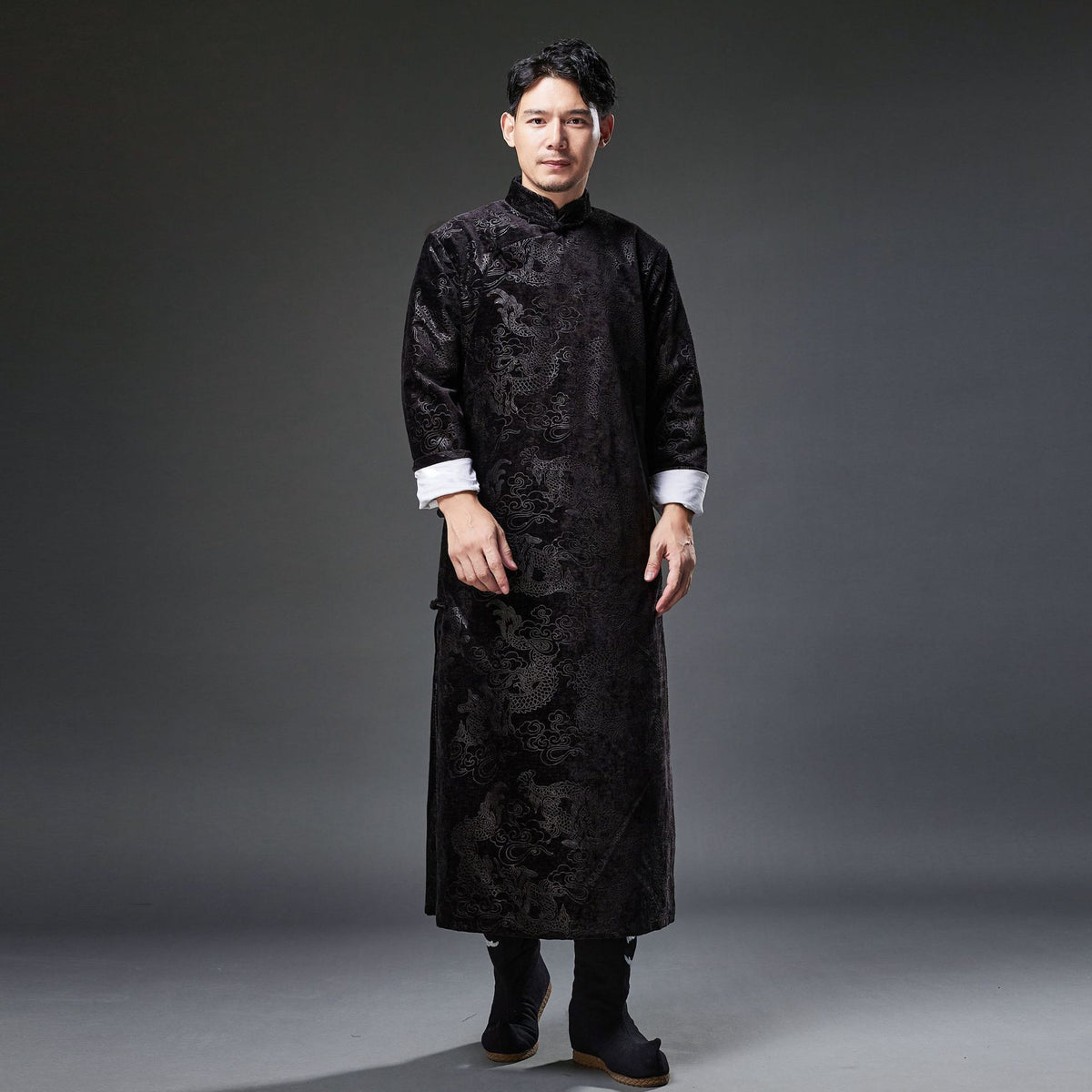 Winter NEW! Men Classic Chinese Style Linen Long Sleeve Dragon Printed KungFu Cheongsam