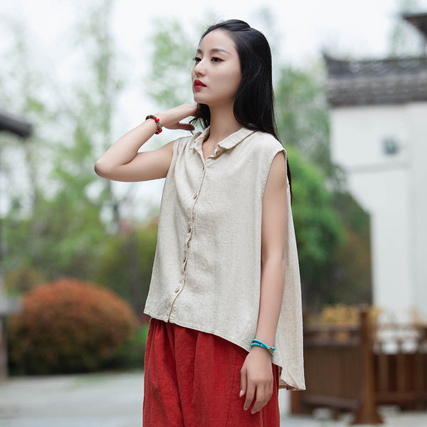 Women Sand-Washed Linen and Cotton Long Sleeveless Shirt