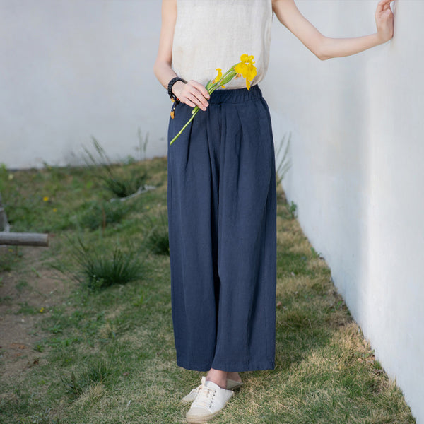 2022 Summer NEW! Women Retro Style Sand Washed Linen and Cotton Wide Leg Pants