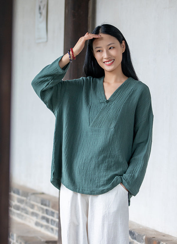 2021 Autumn NEW! Women Asian Style Linen and Cotton Long Sleeves V-necked Chinese Blouse