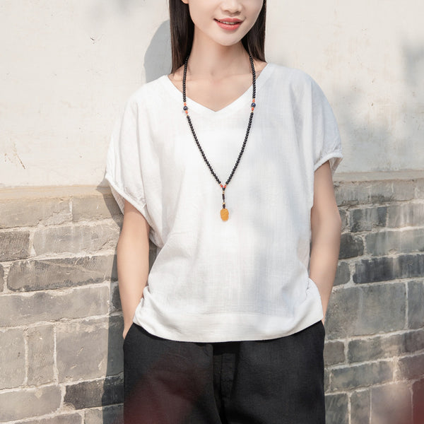 2022 Summer NEW! Women Retro Style Linen and Cotton V-Necked Short Sleeves Shirt