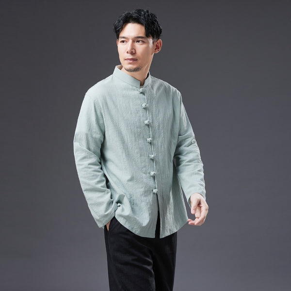 2022 Summer NEW! Men Easten Style Sand Washed Linen and Cotton Long Sleeve Middle Buckle Thin Jacket