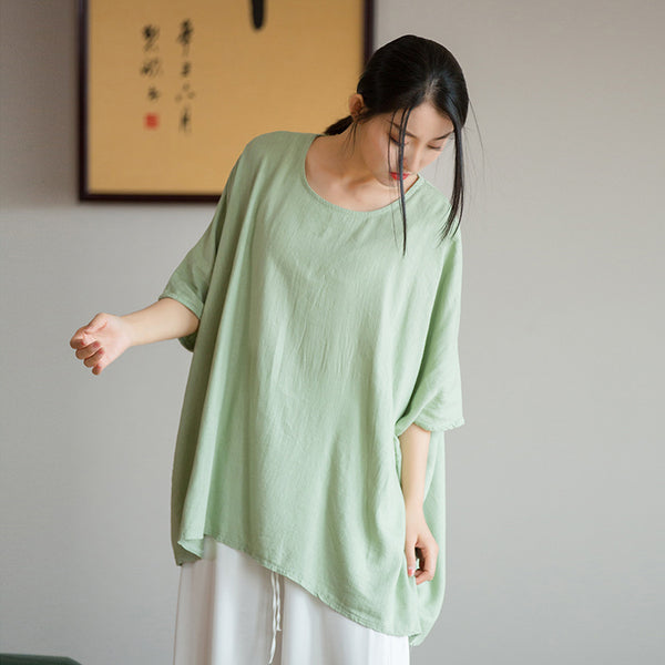 2022 Summer NEW! Women Casual Style Linen and Cotton Long Loose Mid Sleeve T-Shirt