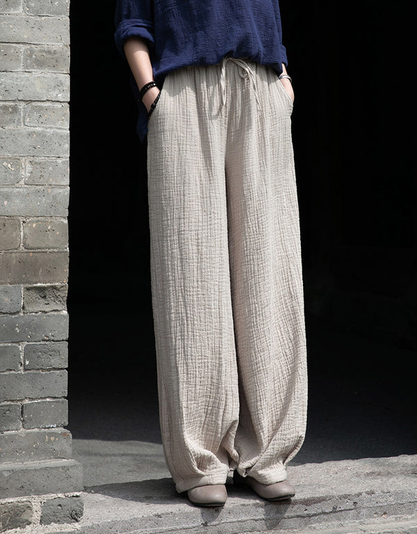 Women Retro Causal Lantern Style Linen and Cotton Wrinkle Pants