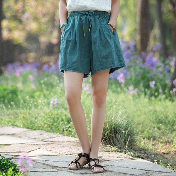 Women Simple Style Linen and Cotton Loose Shorts