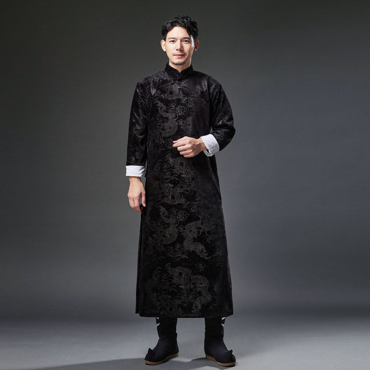 Winter NEW! Men Classic Chinese Style Linen Long Sleeve Dragon Printed KungFu Cheongsam