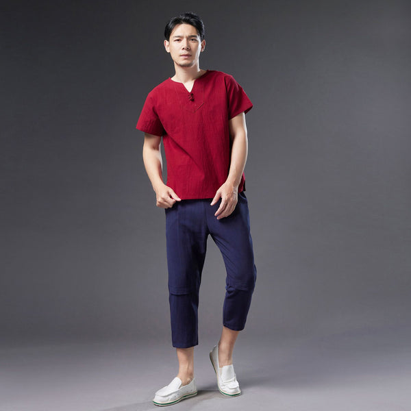 Men Causal Style V Neck Buckle Linen and Cotton Short Sleeve Tops