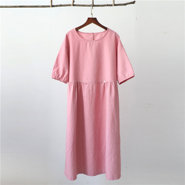 Women Loose Linen and Cotton Round Neck Middle Sleeve Dress