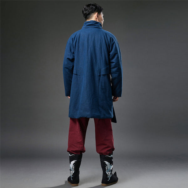 2021 Winter NEW! Men Retro Style Linen and Cotton Quilted Side Buckle Coat