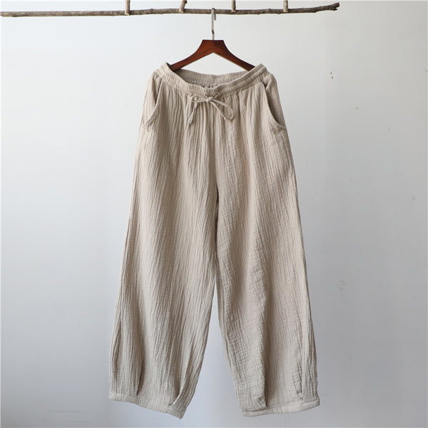 Women Retro Causal Lantern Style Linen and Cotton Wrinkle Pants