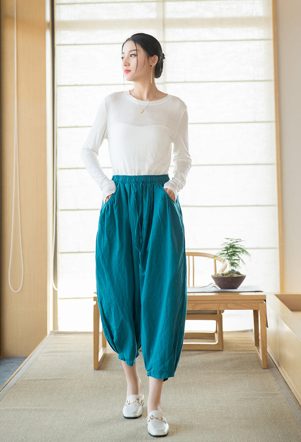 2022 Summer NEW! Women Modern Style Sand Washed Linen and Cotton Lantern Cropped Pants