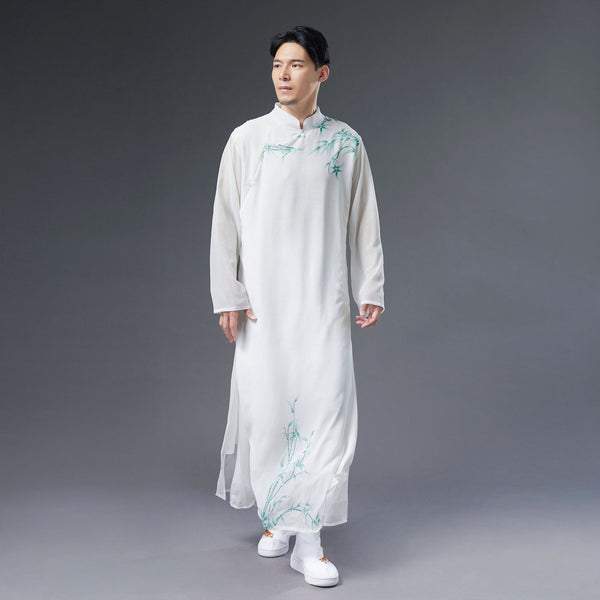 Men Classic Asian Style Linen Long Sleeve Round Collar Bamboo Printed Cheongsam