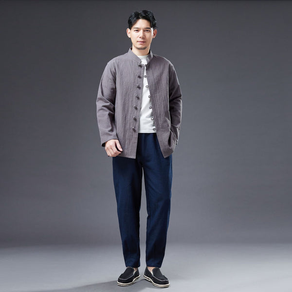 2022 Summer NEW! Men Easten Style Sand Washed Linen and Cotton Long Sleeve Middle Buckle Thin Jacket