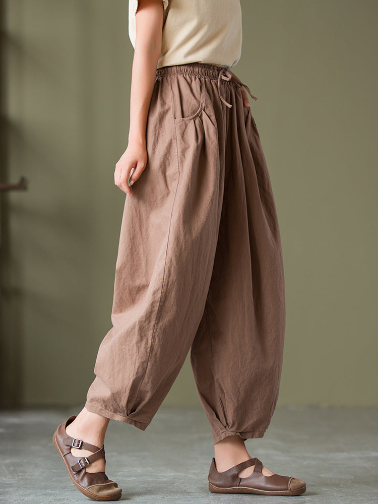 Autumn NEW! Women Lantern Style Linen and Cotton Causal with Waist Belt Loose Cropped Pants