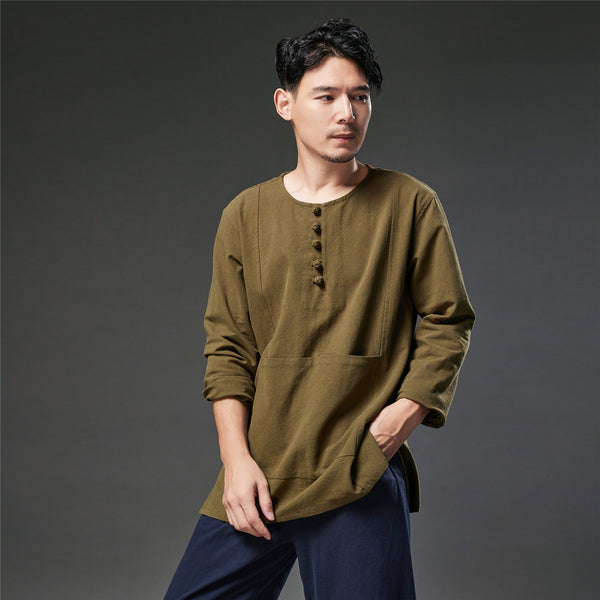 2021 Autumn NEW! Men Retro Style Linen and Cotton Pullover Long Sleeve T-shirt