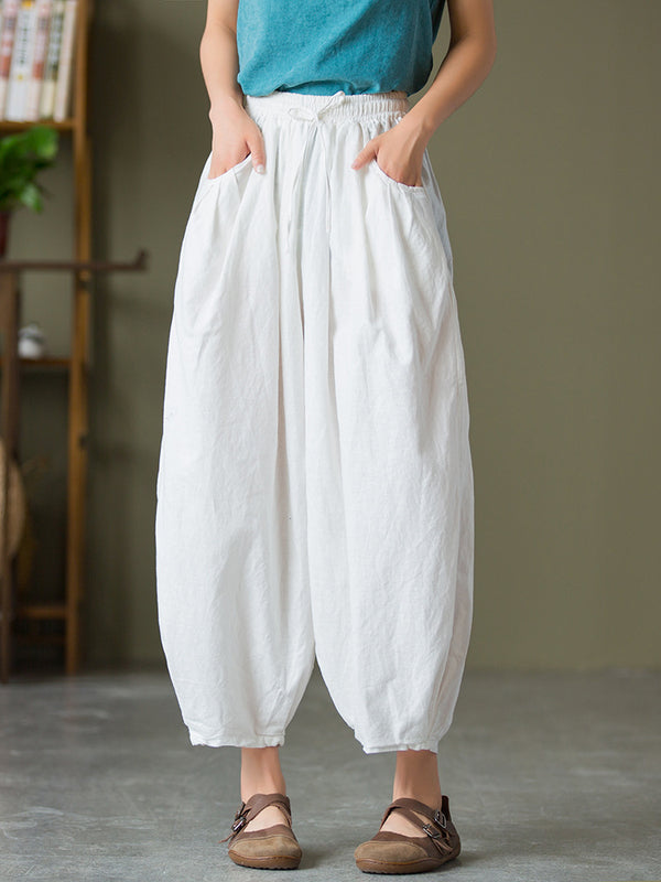 2021 Autumn NEW! Women Lantern Style Linen and Cotton Causal with Waist Belt Loose Cropped Pants