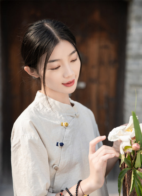 2022 Summer NEW! Women Chinese Ethnic Style Linen and Cotton Mid-length Sleeves Shirt