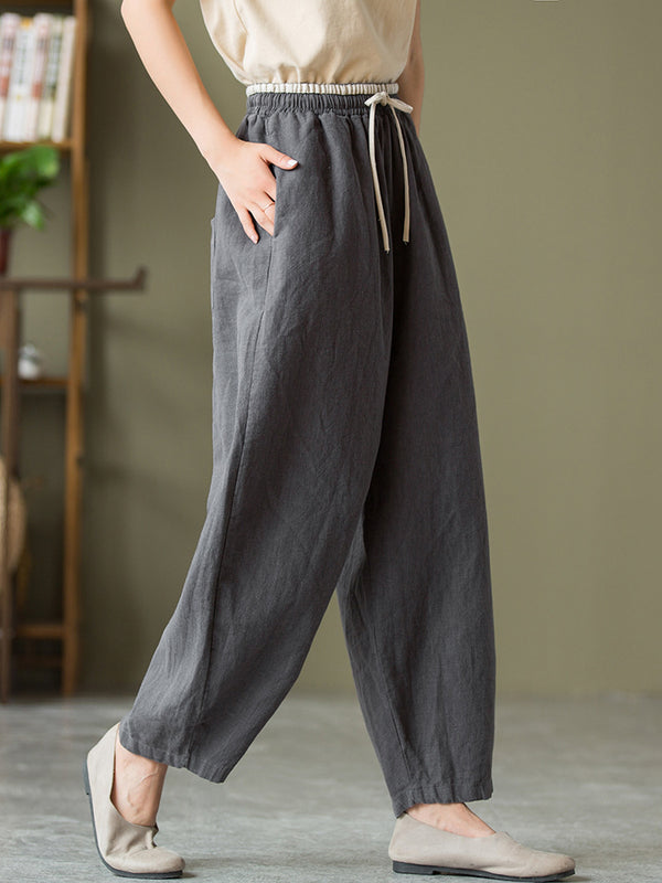 2021 Autumn NEW! Women Lantern Style Linen and Cotton Causal Loose with Waist Belt Cropped Pants