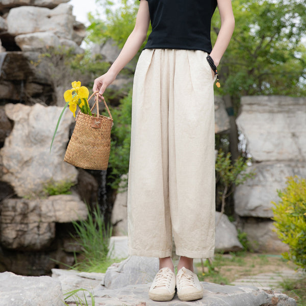 2022 Summer NEW! Women Retro Style Sand Washed Linen and Cotton Wide Leg Pants