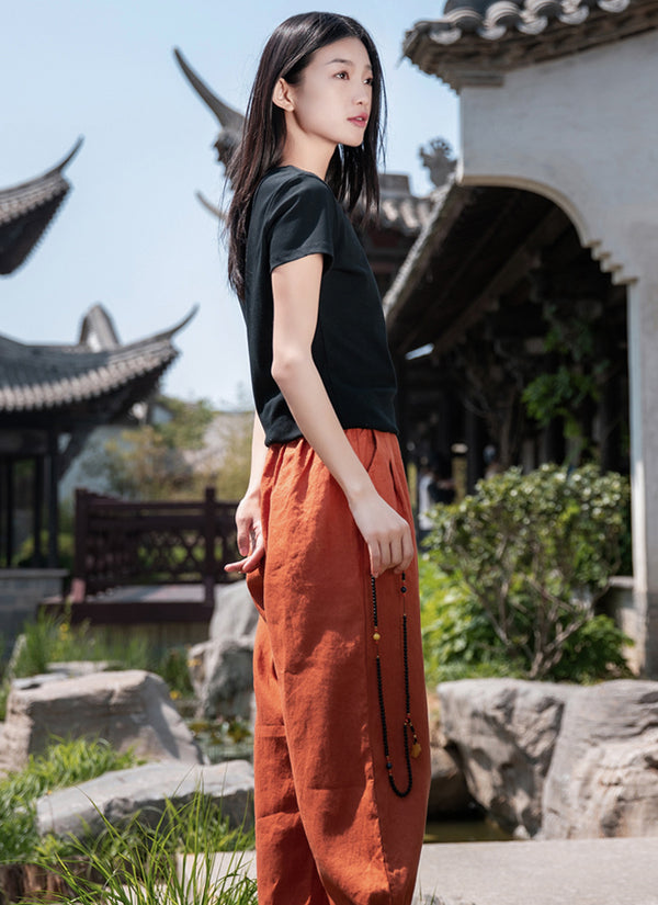 2022 Summer NEW! Women Simple Causal Lantern Style Sand Washed Linen and Cotton Cropped Pants