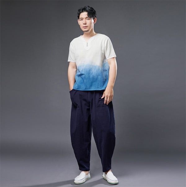 2022 Summer NEW! Men Natural Dyed Linen and Cotton Short Sleeve T-Shirts