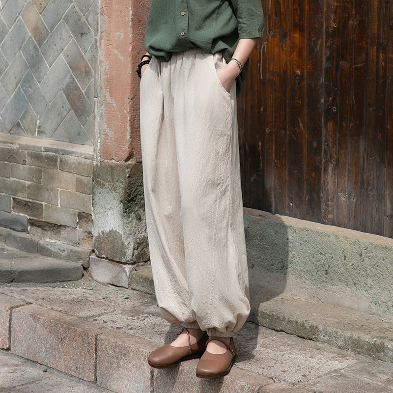 Women Retro Causal Lantern Style Linen and Cotton Patchwork Pants